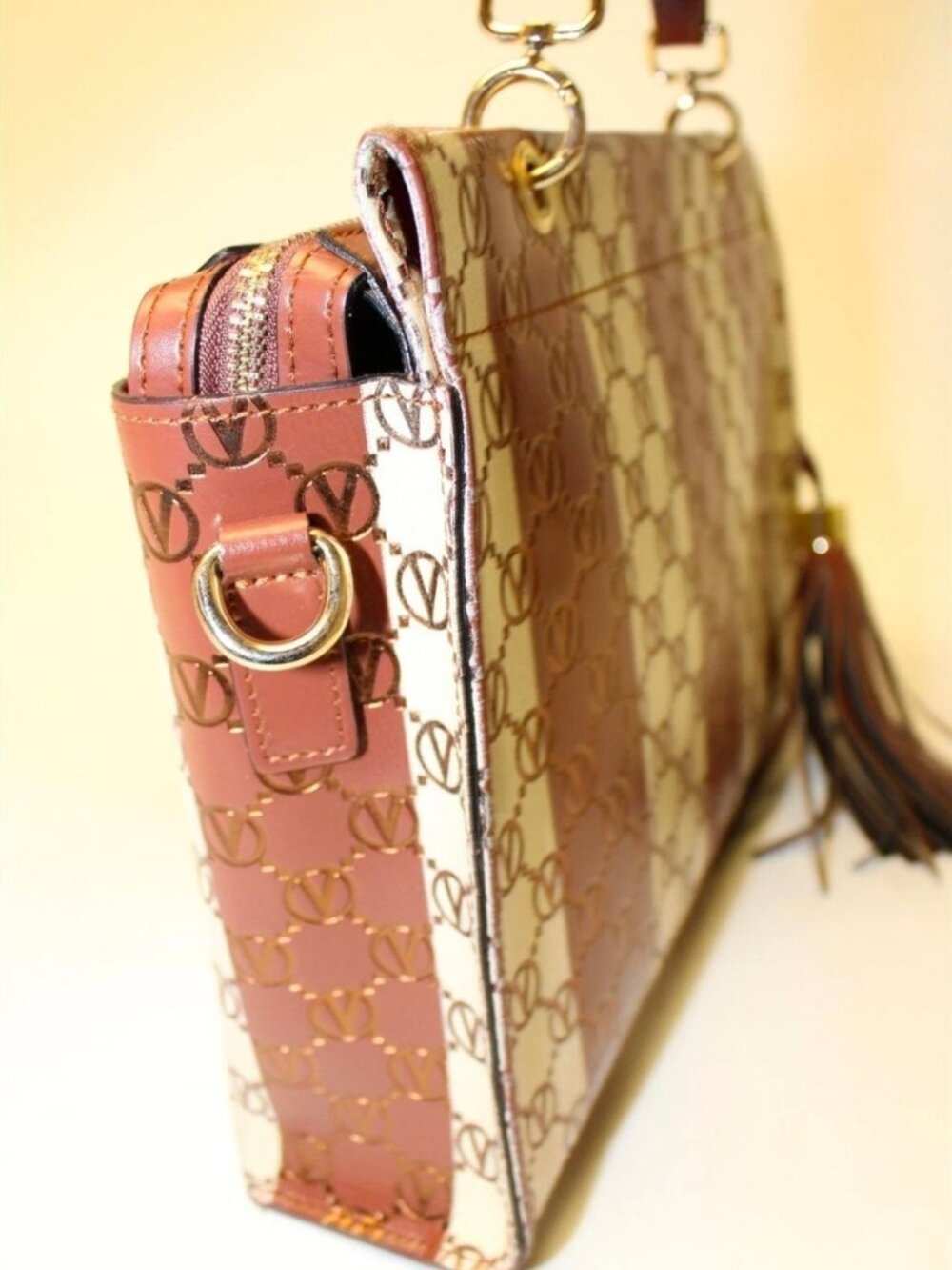Mario Valentino Spa Italy Made Briget Monogram Striped Leather Hand Bag - Picture 9 of 14